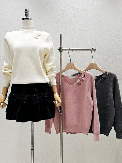 1A110 花朵V領螺紋針織衫