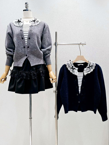 1A108 假兩件蕾絲領橫條開襟毛衣