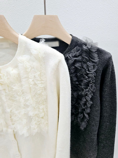 1A106 前襟拚紗質針織外套