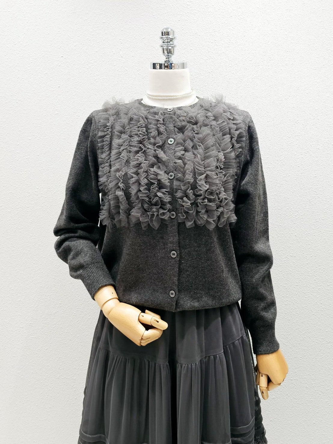 1A106 前襟拚紗質針織外套