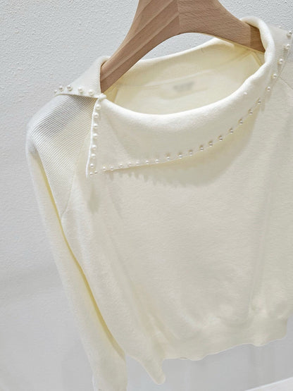 1A105 珍珠船型領蕾絲袖毛衣