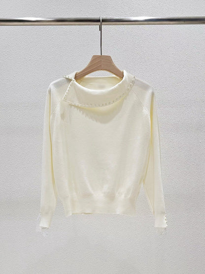 1A105 珍珠船型領蕾絲袖毛衣