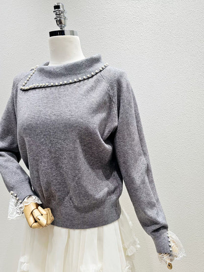 1A105 珍珠船型領蕾絲袖毛衣