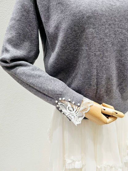 1A105 珍珠船型領蕾絲袖毛衣