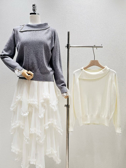 1A105 珍珠船型領蕾絲袖毛衣