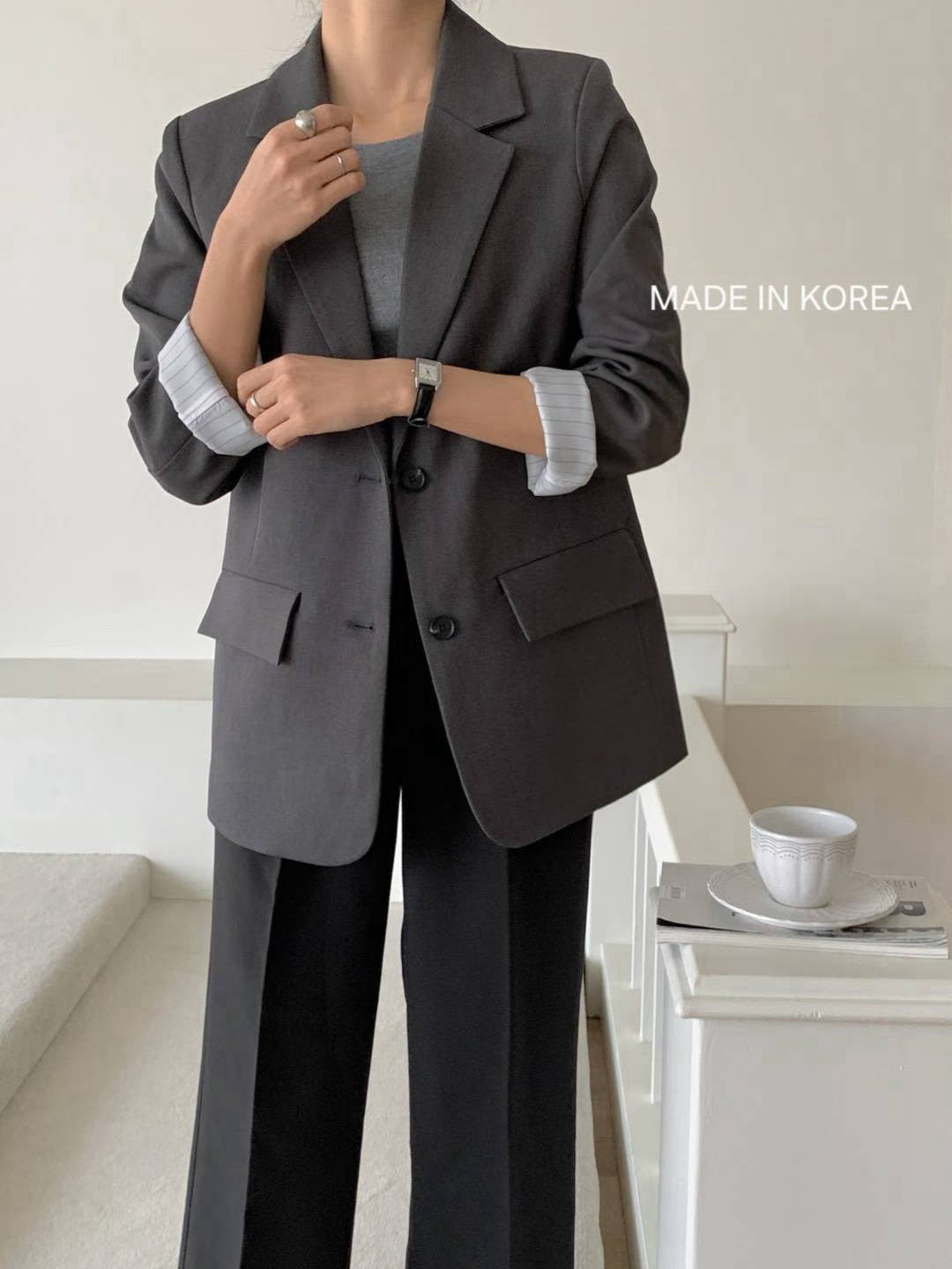 1A214 手袖直紋內裡長版西裝外套