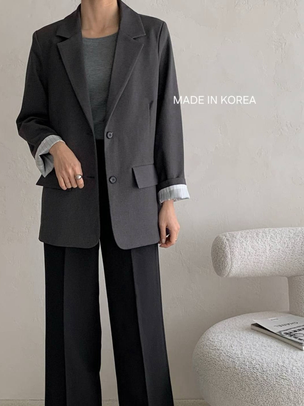 1A214 手袖直紋內裡長版西裝外套