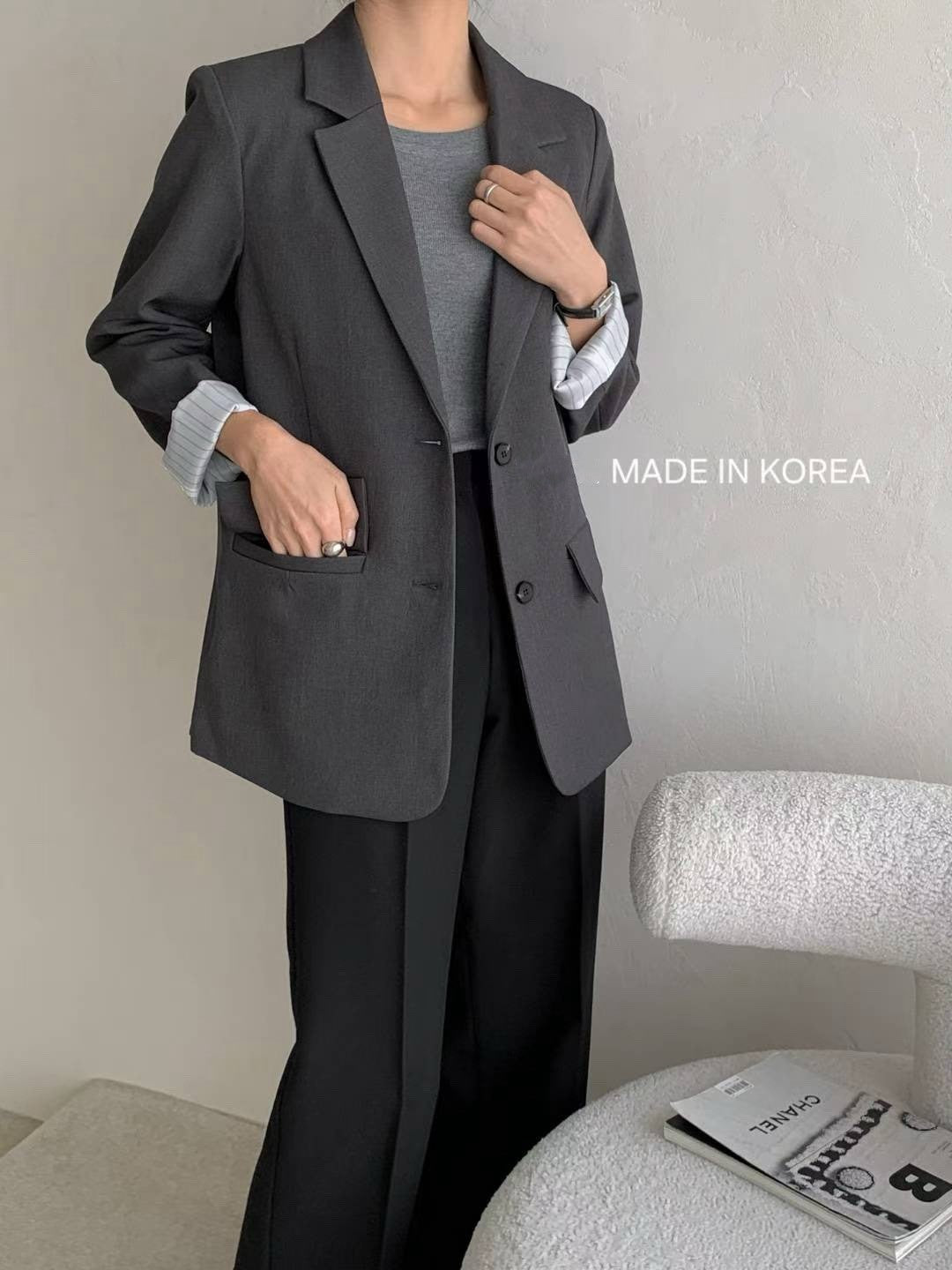 1A214 手袖直紋內裡長版西裝外套