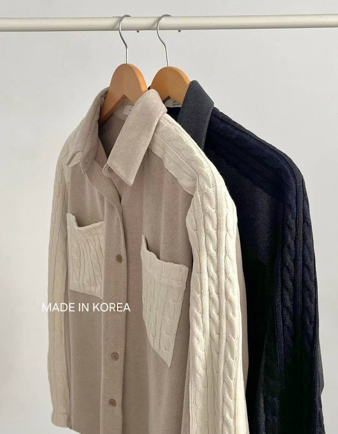 1A201 麻花紋拼接斜紋布襯衫