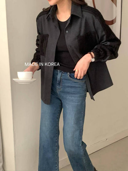 1A201 麻花紋拼接斜紋布襯衫