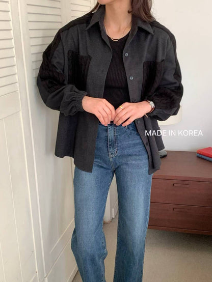 1A201 麻花紋拼接斜紋布襯衫