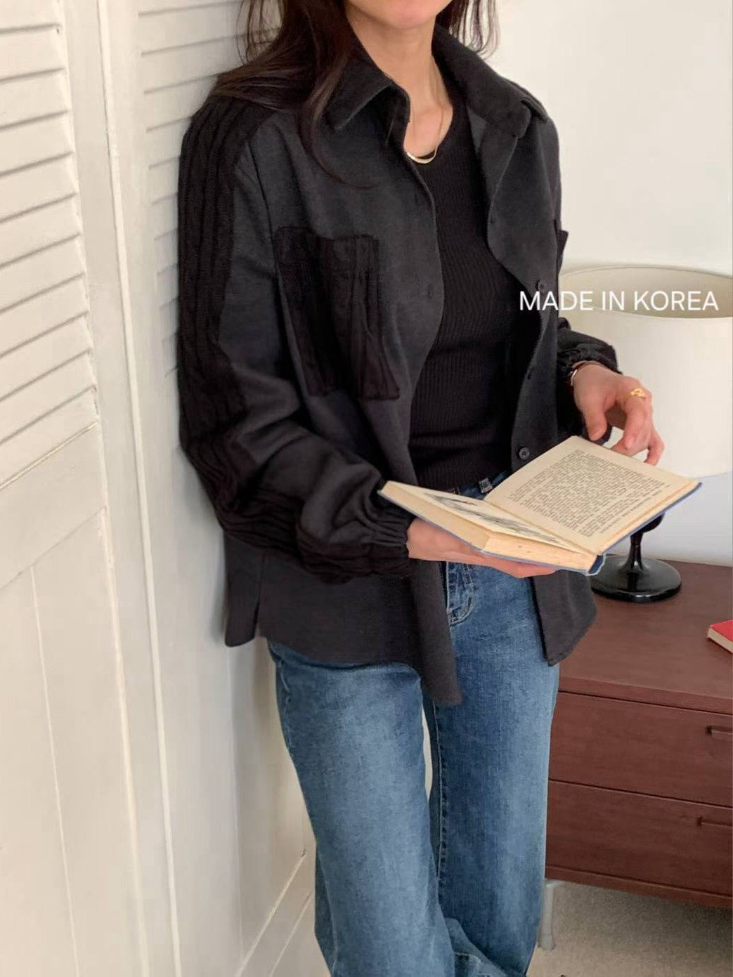 1A201 麻花紋拼接斜紋布襯衫