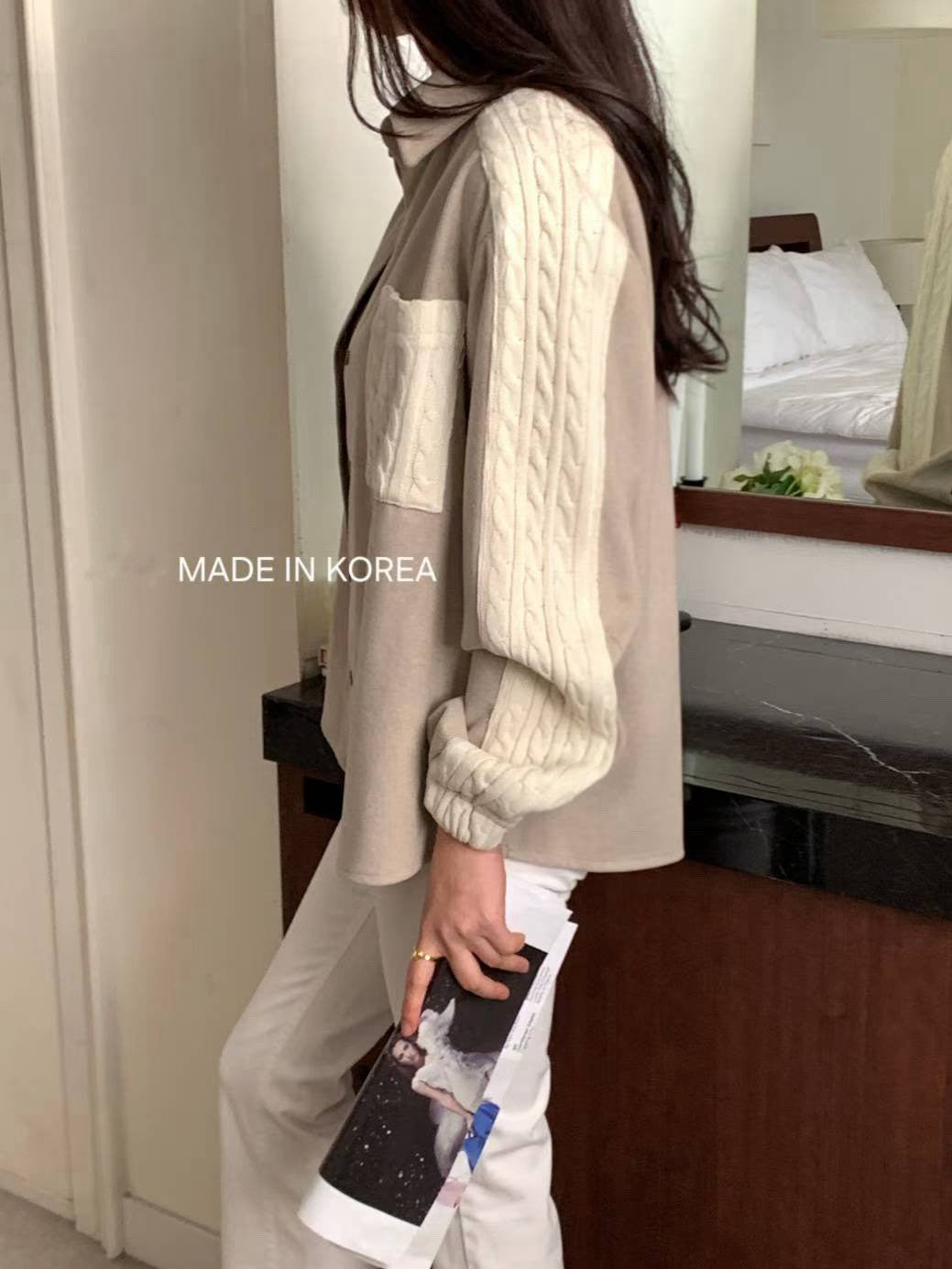 1A201 麻花紋拼接斜紋布襯衫