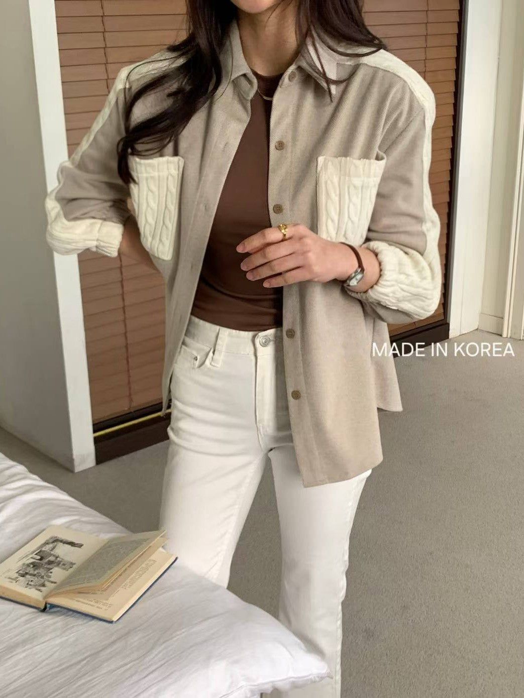 1A201 麻花紋拼接斜紋布襯衫