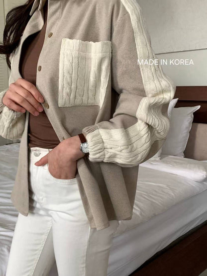 1A201 麻花紋拼接斜紋布襯衫