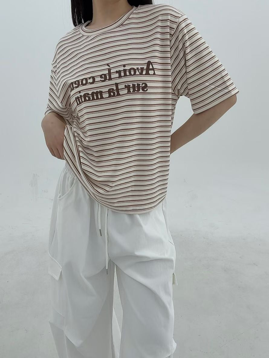 1B118 絨面字母橫條短T