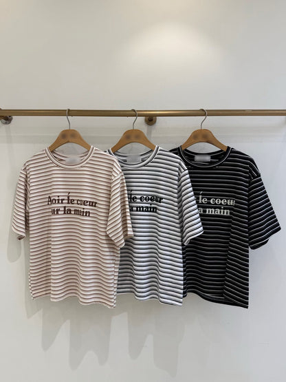 1B118 絨面字母橫條短T