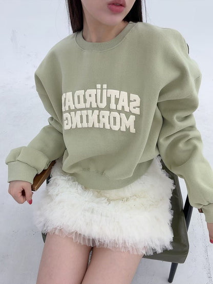 1B107 可愛撞色字母短版大學T(內磨毛)