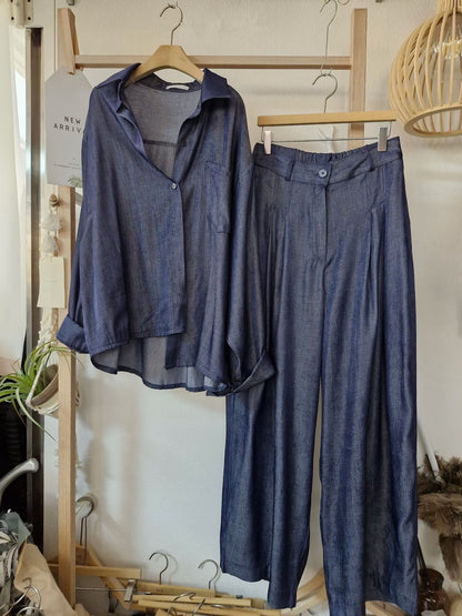 1C316 珠光長版襯衫+長寬褲