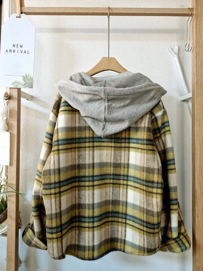 1C304 連帽短版格紋排釦罩衫