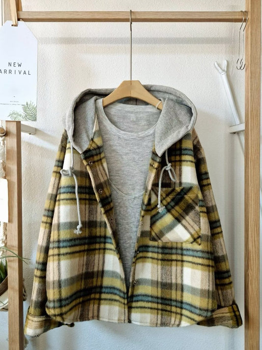 1C304 連帽短版格紋排釦罩衫