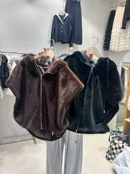 1D106 連帽短袖拉鍊皮草背心