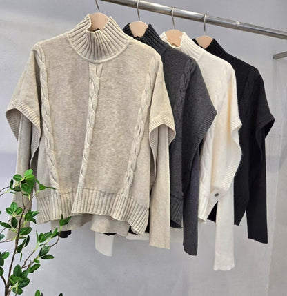 1D123 兩件式立領斗篷+合身親膚針織衫