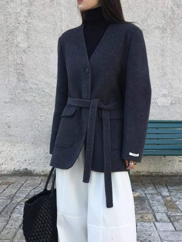 1D118 V領手工羊絨長版大衣(附腰帶)