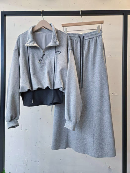 1D112 拉鍊短版衛衣+長棉裙套裝