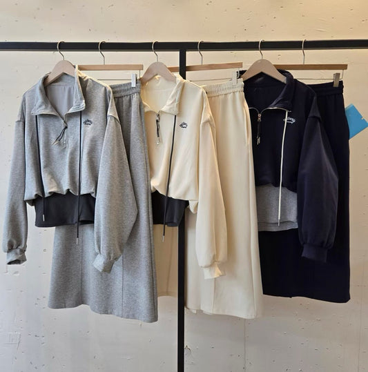 1D112 拉鍊短版衛衣+長棉裙套裝