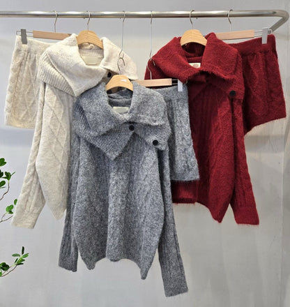 1D110 麻花紋針織脖圍+毛衣+短褲三件組