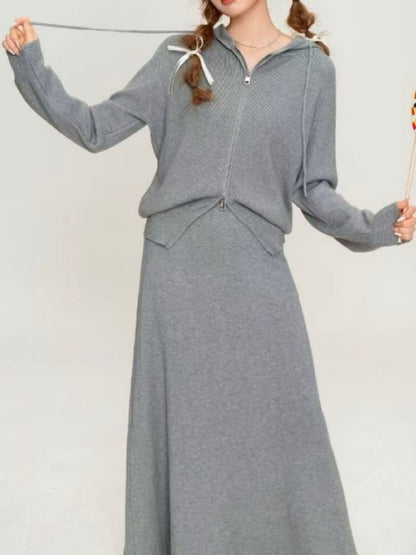 1D116 短針織衫+拉鍊外套+長裙 三件組