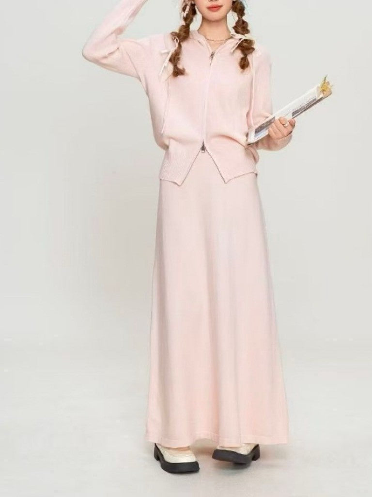 1D116 短針織衫+拉鍊外套+長裙 三件組