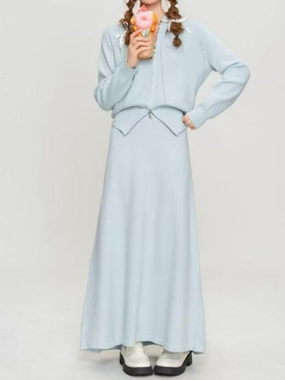 1D116 短針織衫+拉鍊外套+長裙 三件組