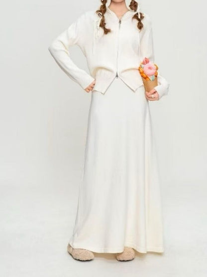 1D116 短針織衫+拉鍊外套+長裙 三件組