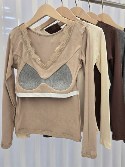 1D108 V領BRA蕾絲螺紋棉長T(內磨毛)