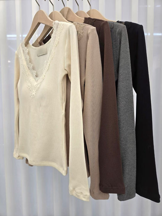 1D108 V領BRA蕾絲螺紋棉長T(內磨毛)