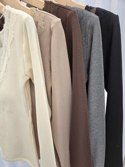 1D108 V領BRA蕾絲螺紋棉長T(內磨毛)