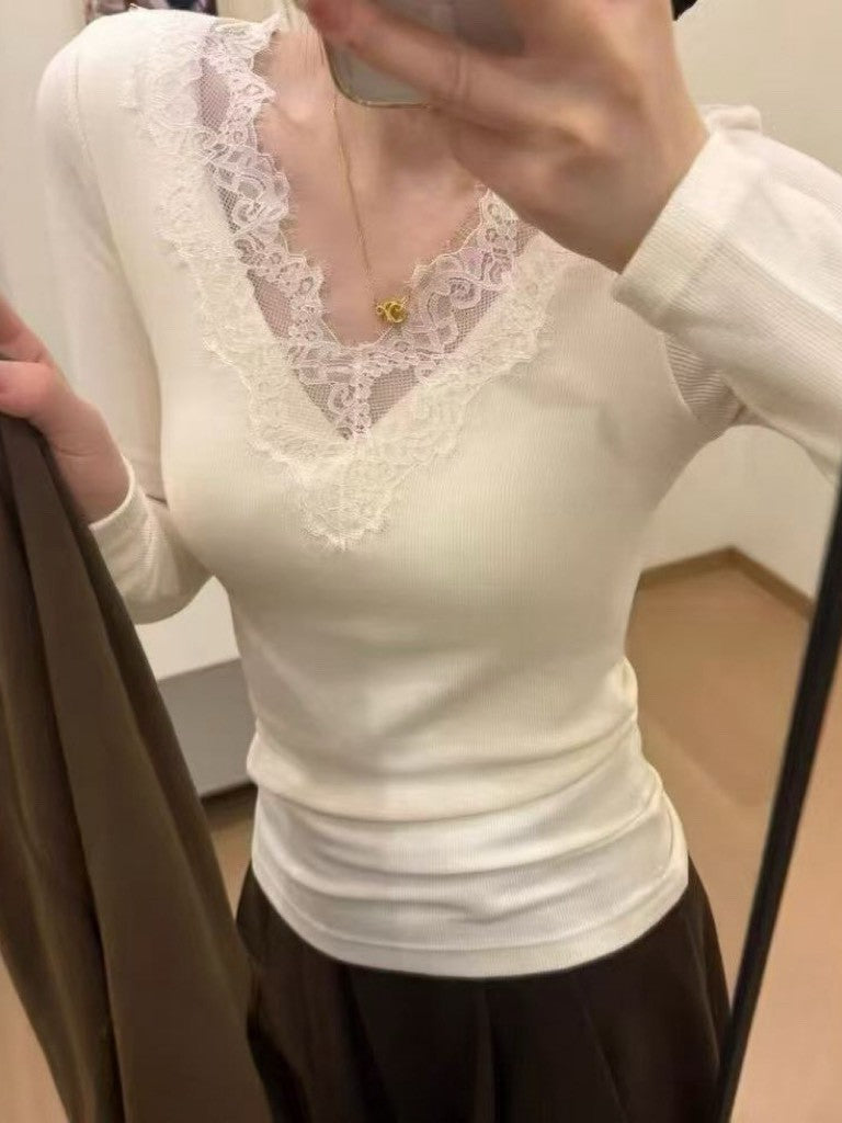 1D108 V領BRA蕾絲螺紋棉長T(內磨毛)