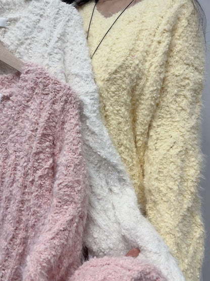 1C113 V領粗織紋長版毛衣