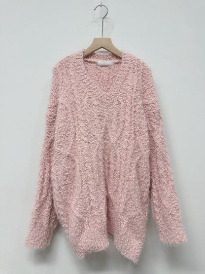 1C113 V領粗織紋長版毛衣