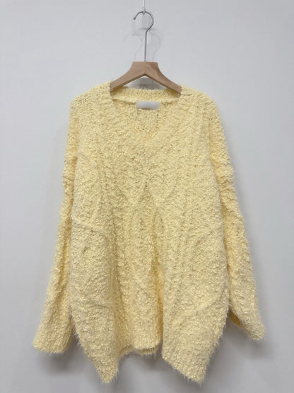 1C113 V領粗織紋長版毛衣