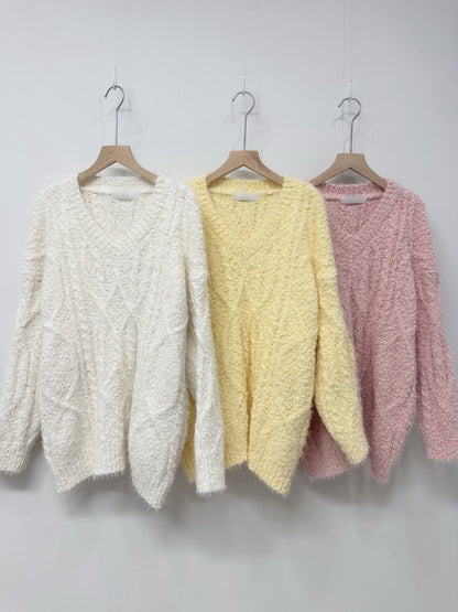 1C113 V領粗織紋長版毛衣