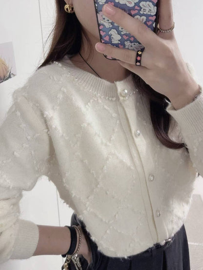 1C101 珍珠扣菱格紋針織外套