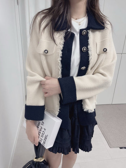 1C110 配色領抽鬚小香風針織外套