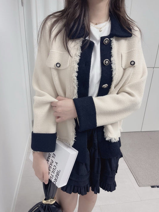 1C110 配色領抽鬚小香風針織外套