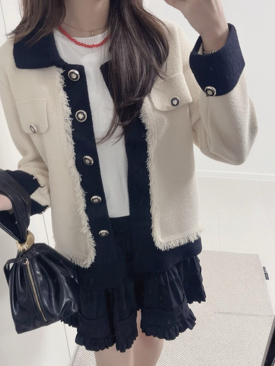 1C110 配色領抽鬚小香風針織外套