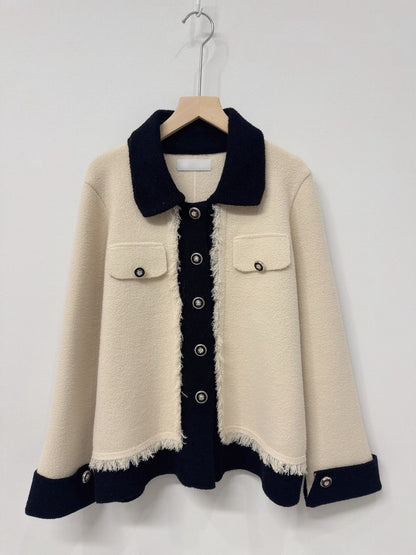 1C110 配色領抽鬚小香風針織外套