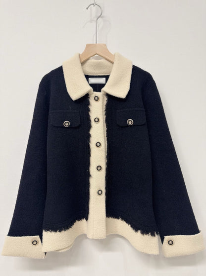 1C110 配色領抽鬚小香風針織外套