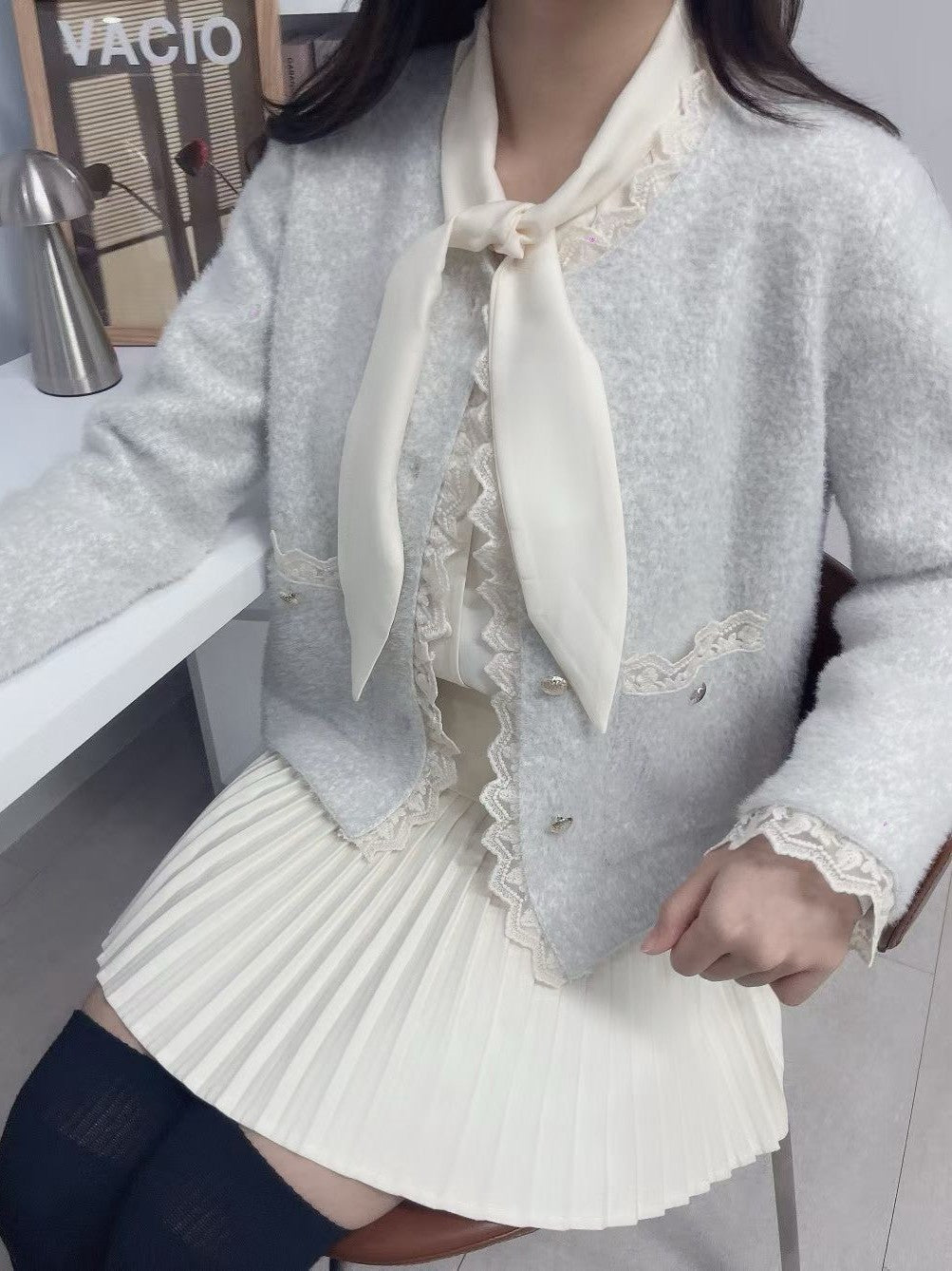 1C109 蕾絲邊混色毛呢外套